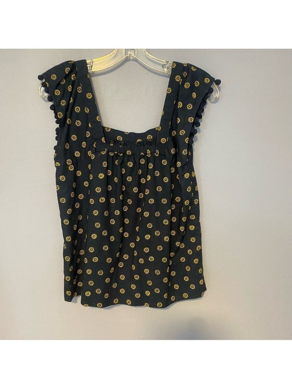 J. Crew Navy Yellow Sunflower Pom Pom Sleeve Top Sz 0 - Picture 7 of 11